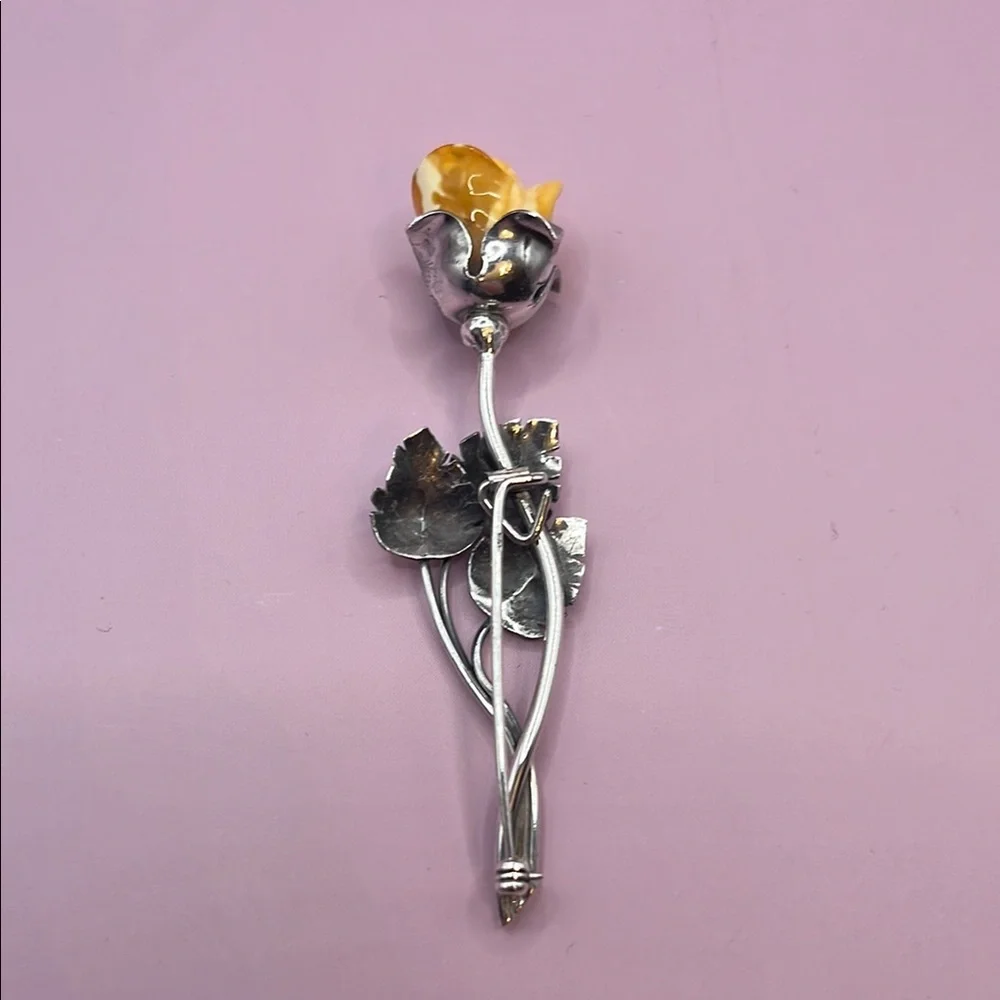 Vintage Beautiful Sterling Silver Citrine Rose Flower Pin